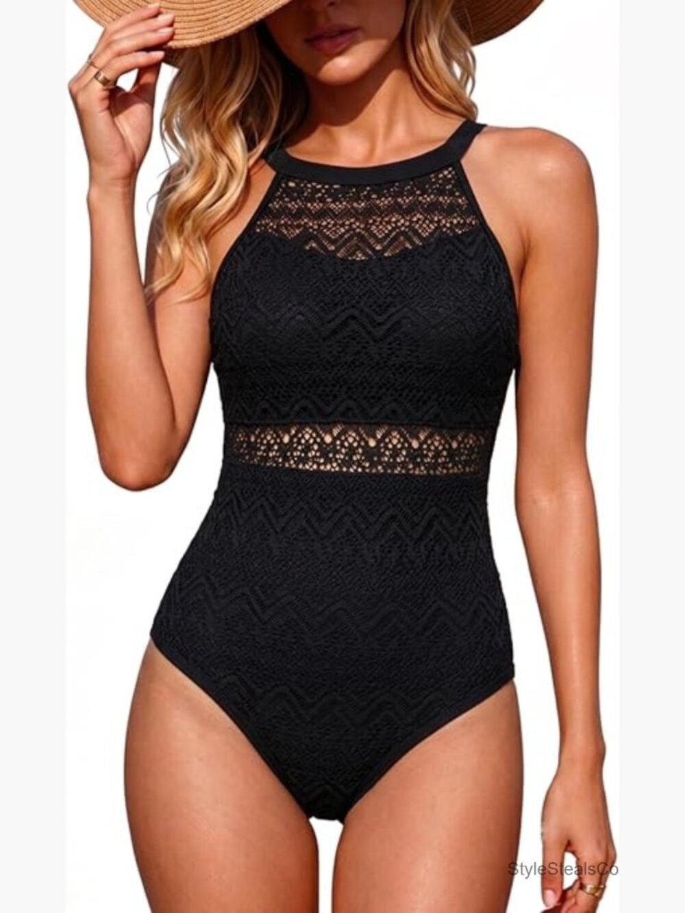 Crochet Tummy Control One Piece Swimsuit High Neck Full Coverage